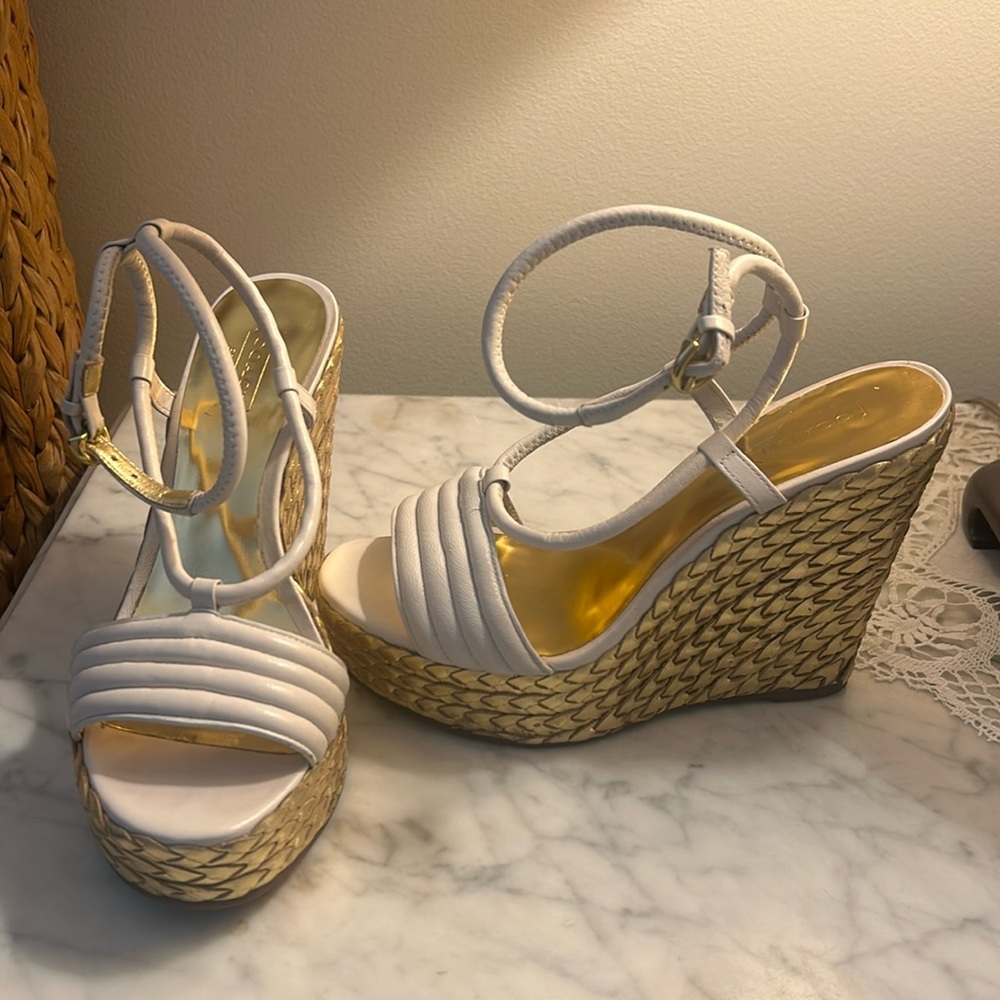 Coach Wedge ankle strap sandals Cream and Gold leather